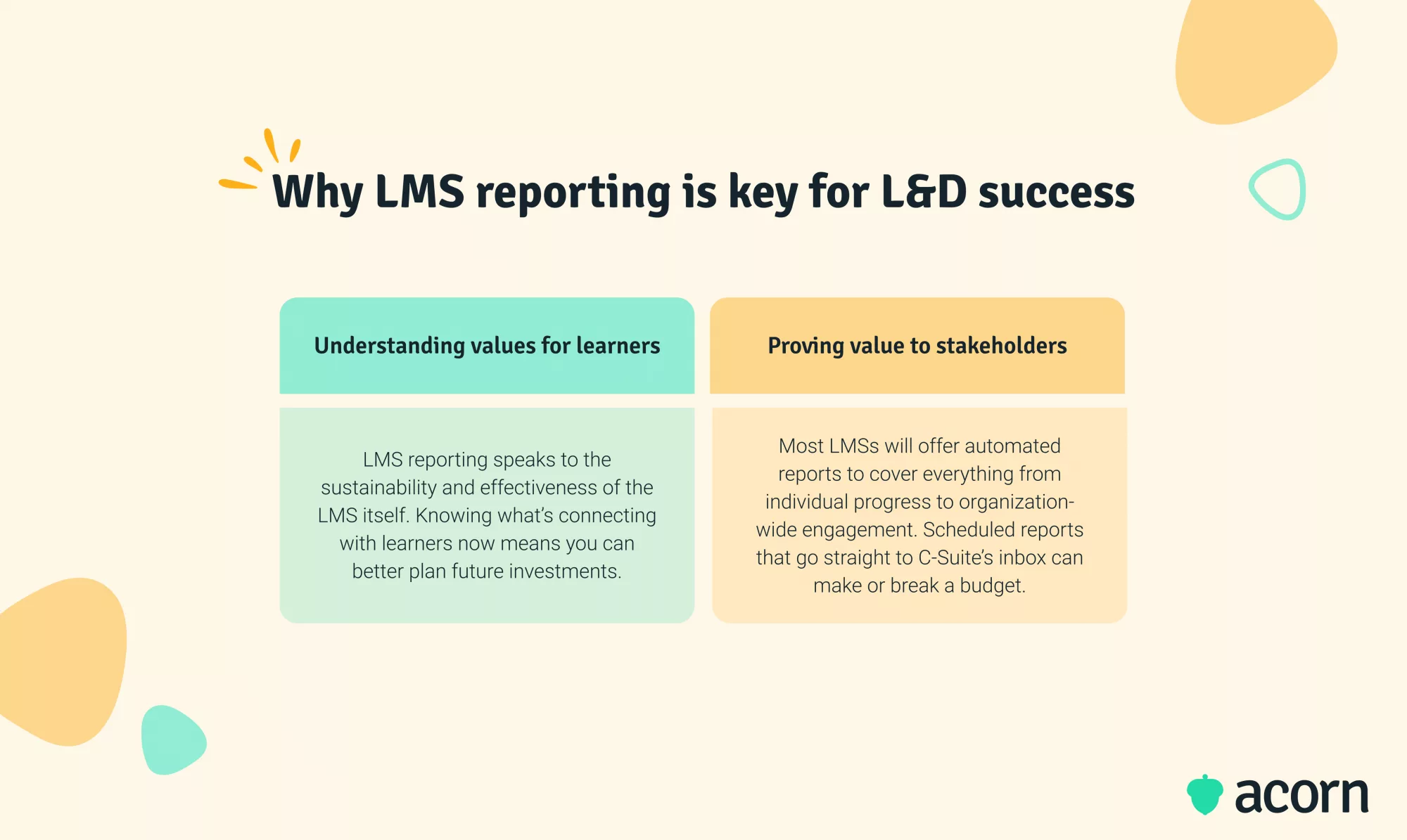 Table contrasting how LMS reporting creates LMS for learners and proves value to stakeholders