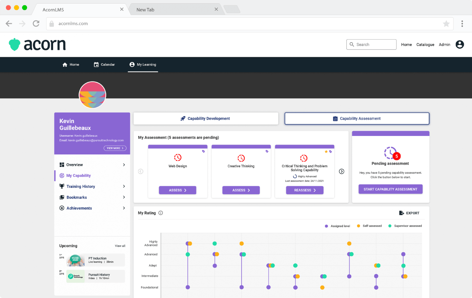 Screen capture of the Acorn PLMS capability and competency assessment report on the learner dashboard